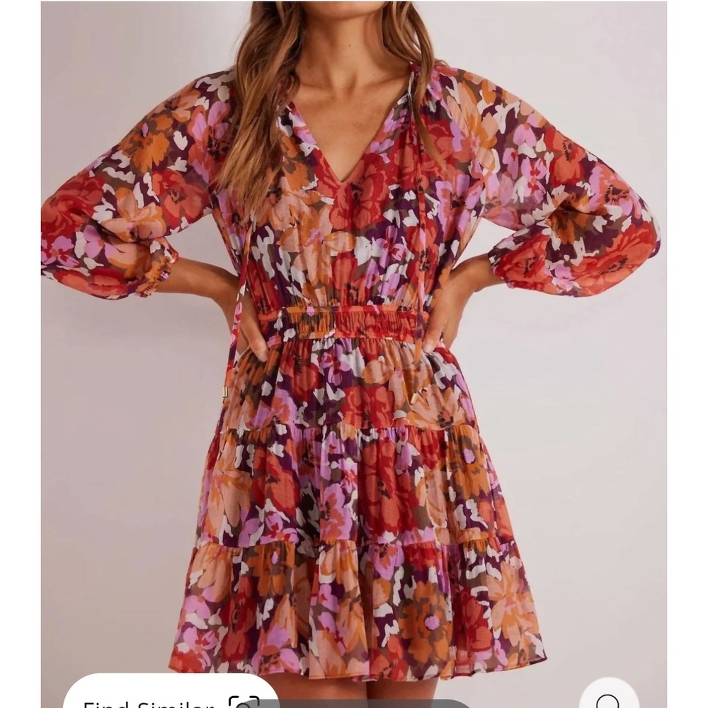 Minkpink Floral Dress Womens Medium Orange Pink V-Neck Long Sleeve Tiered Boho
